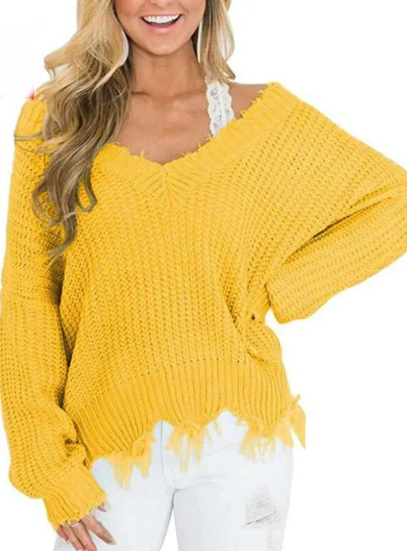 Pullover sweater with fuzzy cuffs -TastyHottie - OFF THE SHOULDER SWEATER FOR WOMEN FRINGE DISTRESSED KNITTED