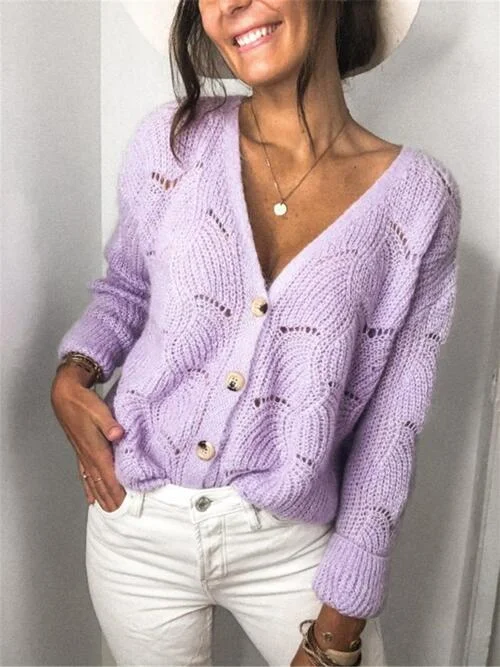 Casual cardigan for weekends -TastyHottie - Openwork Button Up Long Sleeve Cardigan