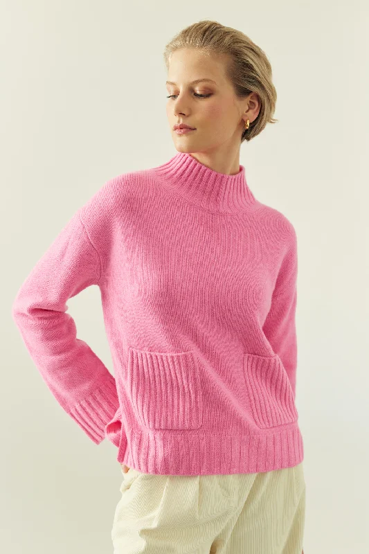 Pullover sweater with silver buttons -Pink Cashmere Patch Pocket Sweater