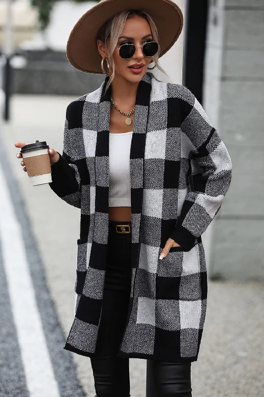 Thick cardigan for outdoor use -TastyHottie - Plaid Dropped Shoulder Cardigan with Pocket