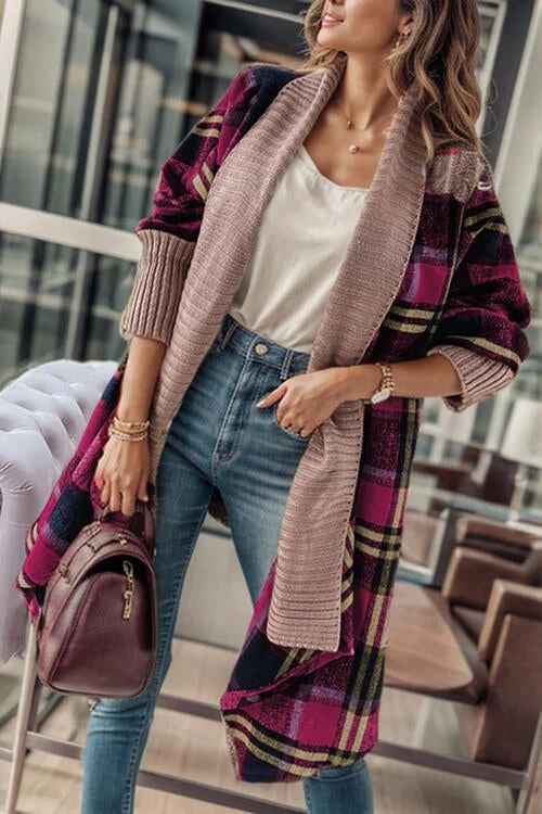 Long cardigan for tall women -TastyHottie - Plaid Open Front Long Sleeve Long Cardigan