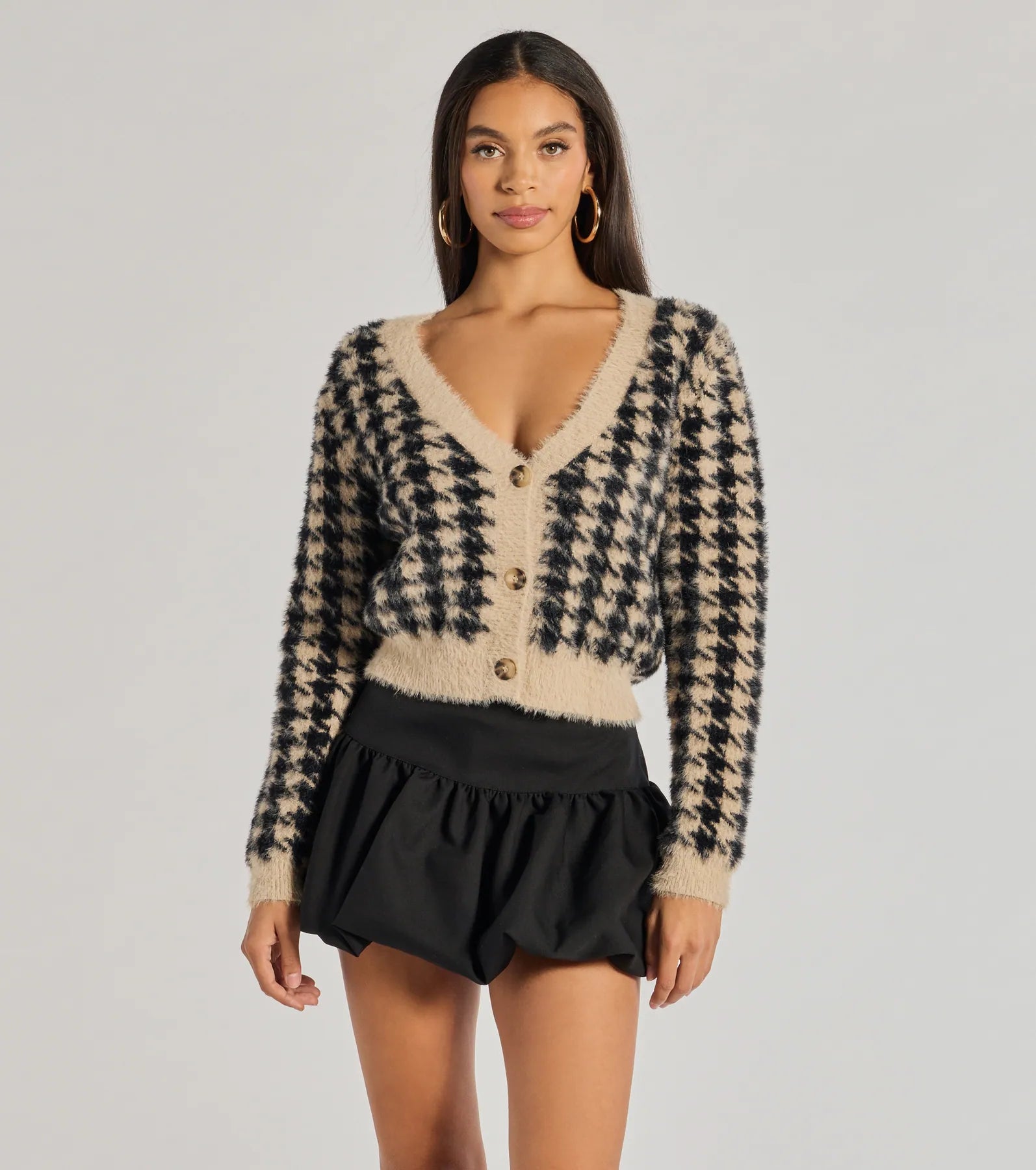 Cardigan with front ruffles -Polished Cozy Houndstooth Eyelash Knit Cardigan