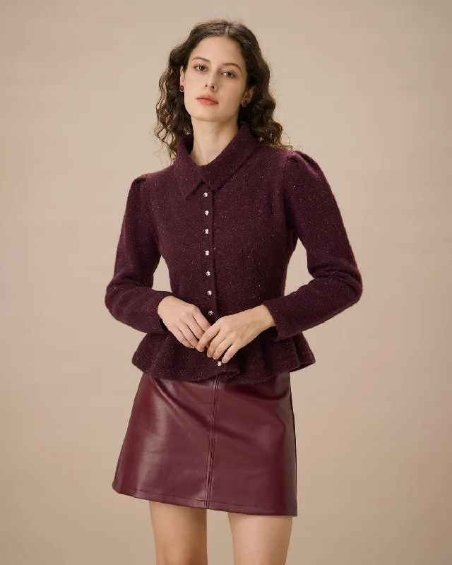 Cardigan with grid pattern -Purple Lapel Single-breasted Ruffle Cardigan