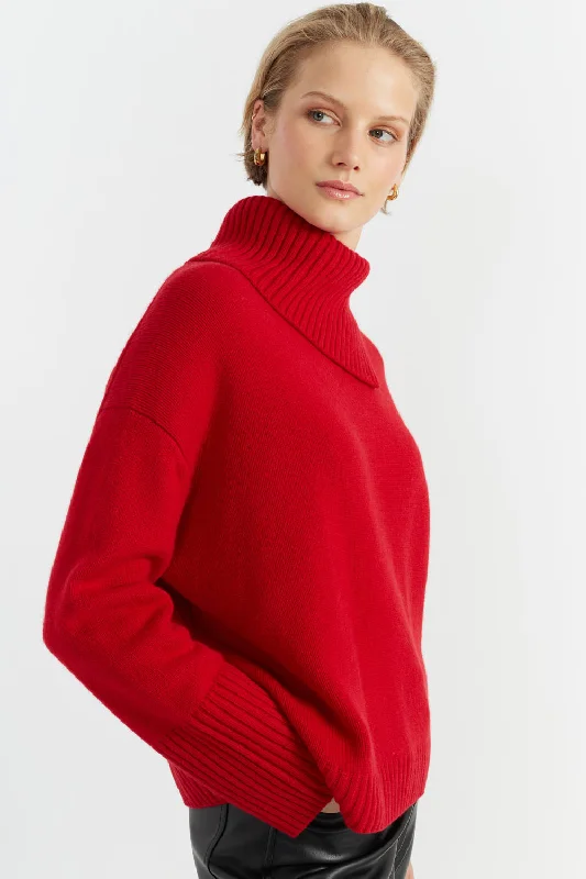 Pullover sweater with elbow patches -Red Cashmere Asymmetric Sweater