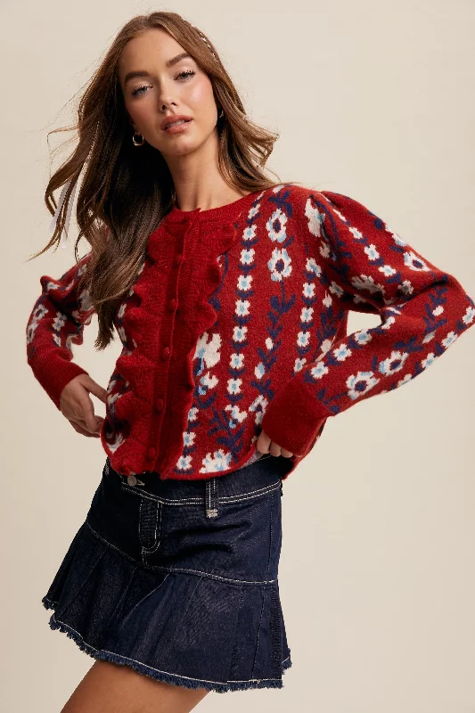 Striped cardigan for casual Fridays -Red Flower Print Puff Sleeve Cardigan