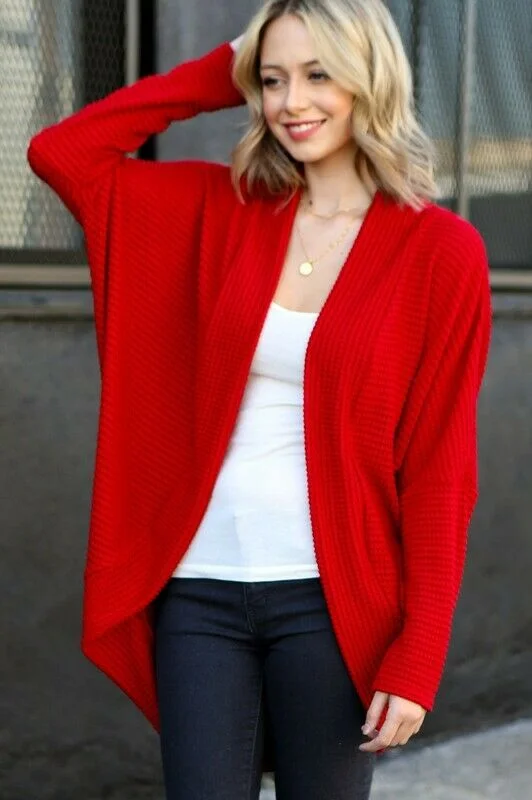 Soft cardigan for winter comfort -Red Waffle Knit Dolman Sleeve Rounded Cardigan Casual Womens