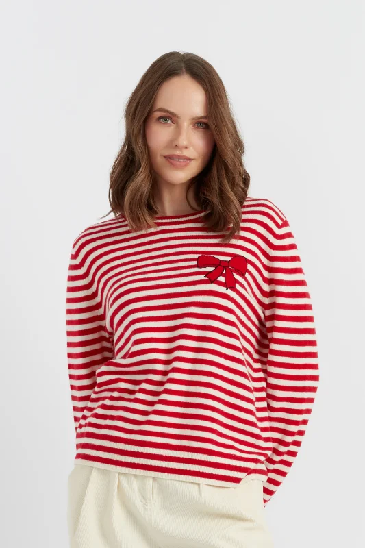 Pullover sweater with heart embroidery -Red Wool-Cashmere Bow Breton Sweater