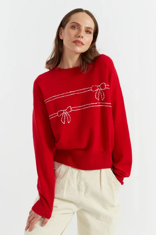 Pullover sweater with grid print -Red Wool-Cashmere Bow Sweater