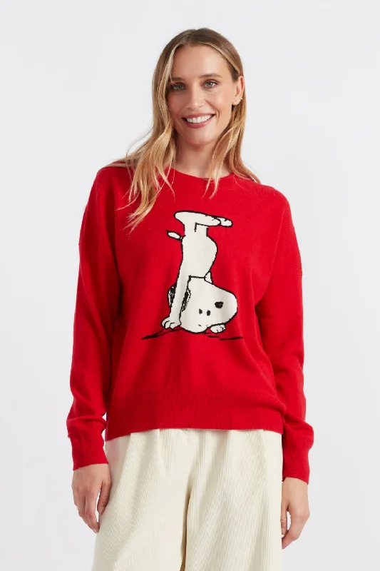 Green pullover sweater for fall days -Red Wool-Cashmere Dancing Snoopy Sweater