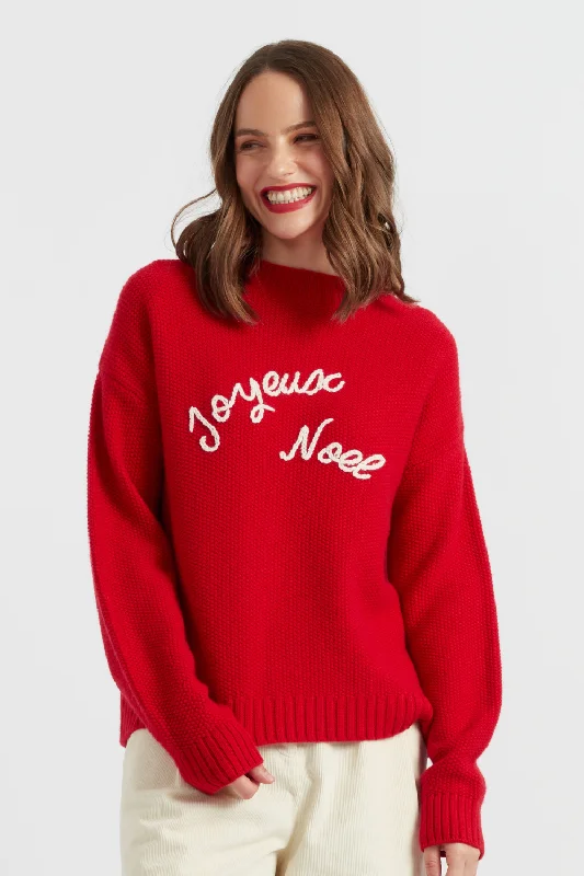 Pullover sweater with wide collar -Red Wool-Cashmere Joyeux Noel Sweater