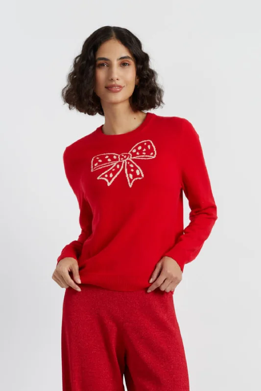 Pullover sweater with flared cuffs -Red Wool-Cashmere Polka Bow Sweater