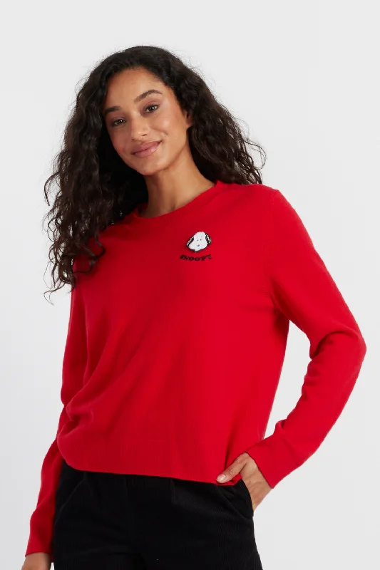 Pullover sweater with loose collar -Red Wool-Cashmere Snoopy Badge Sweater