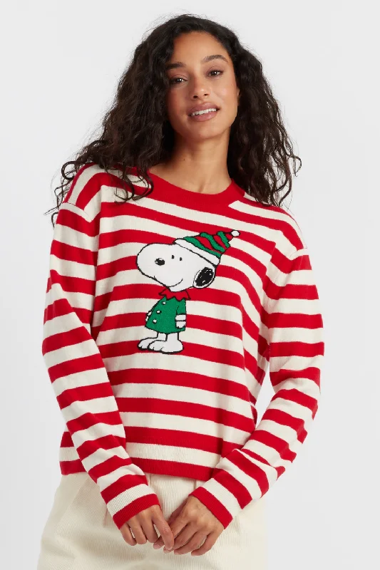 Soft pullover sweater for holiday wear -Red  Wool-Cashmere Snoopy Christmas Elf Sweater