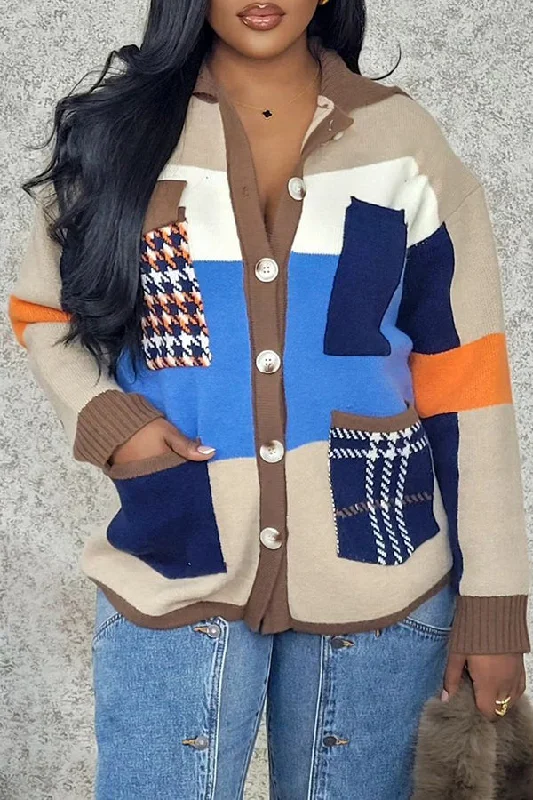 Trendy cardigan for teens -Stylish Printed Patchwork Long Sleeve Cardigan