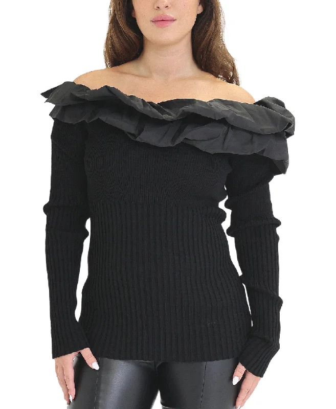 Pullover sweater with pearl trim -Ribbed Sweater w/ Ruffle Detail