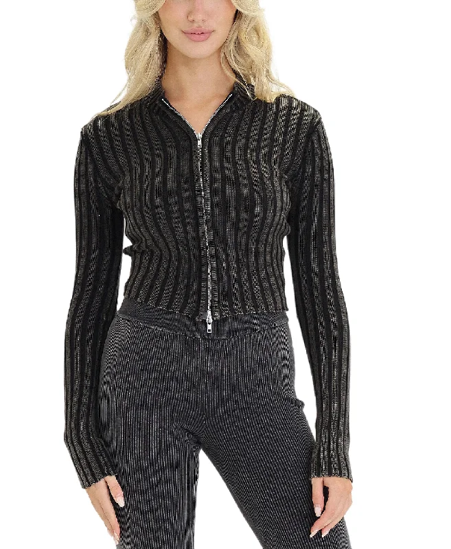 Pullover sweater with polka dot trim -Ribbed Zip Front Sweater