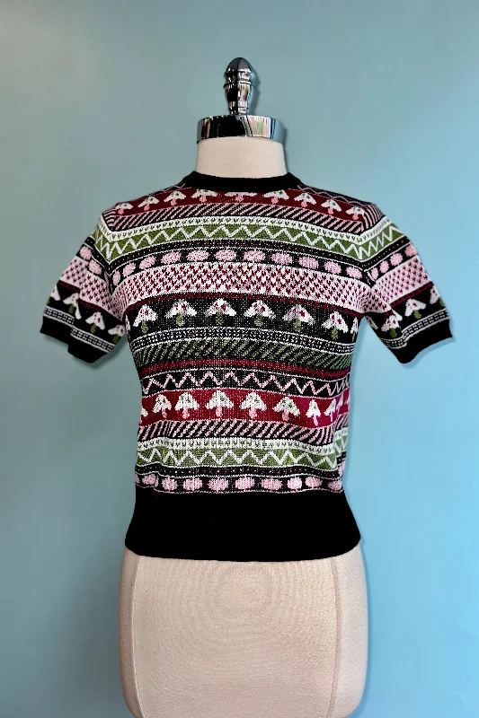 Black pullover sweater for winter wear -Short Sleeve Mushroom Jacquard Sweater