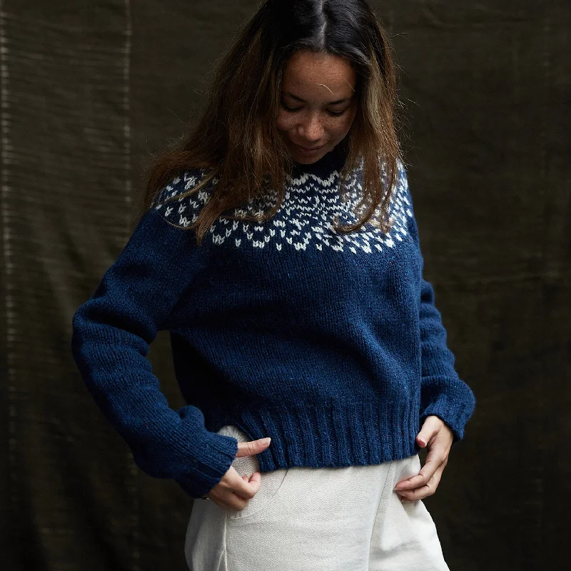 Pullover sweater with wave print -Womens Cropped Isle Sweater - Donegal Wool - Deep Ocean