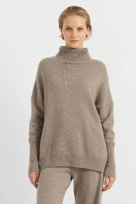 Warm pullover sweater for cold days -Soft-Truffle Cashmere Rollneck Sweater