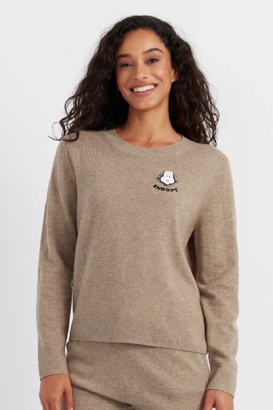 Crew neck pullover sweater gray -Soft-Truffle Wool-Cashmere Snoopy Badge Sweater