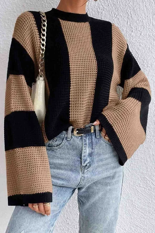 Pullover sweater with geometric print -TastyHottie - Colorblock Striped Long Sleeve Knitted Sweater