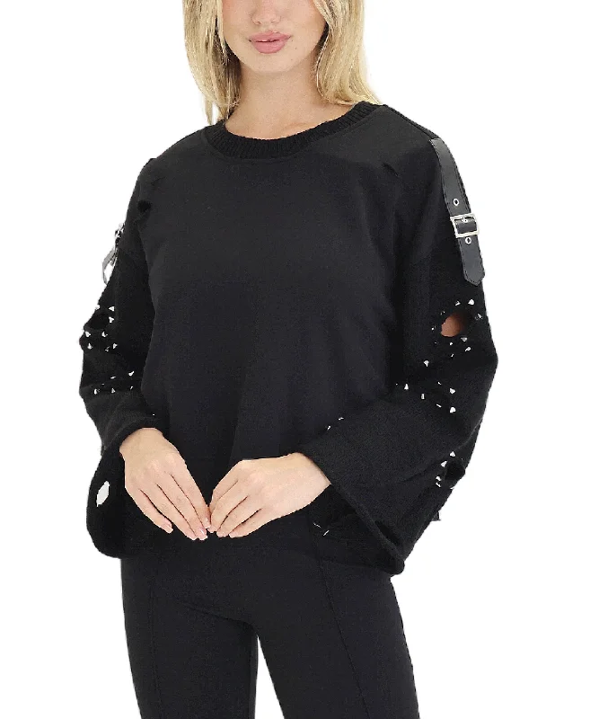 Pullover sweater with lantern sleeves -Sweater w/ Cut-Outs & Studs