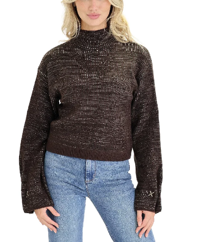 Pullover sweater with short tie -Sweater w/ Metal Detail