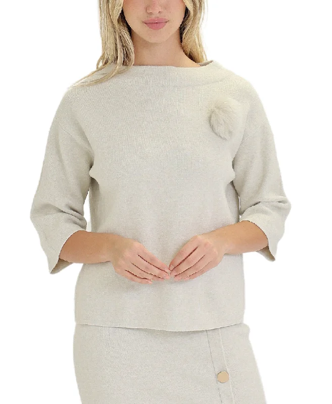 Pullover sweater with ribbed trim -Sweater w/ Pom Pom