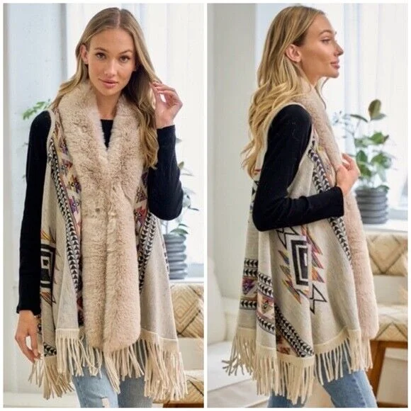 Soft cardigan for spring days -Taupe Multi Color Faux Fur Trim Sleeveless Knit Western Boho Cardigan Vest