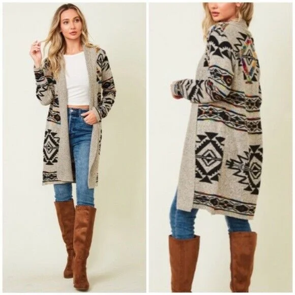 Purple cardigan for women -Taupe Rainbow Multi Colored Aztec Tribal Jacquard Open Knit Cardigan Sweater