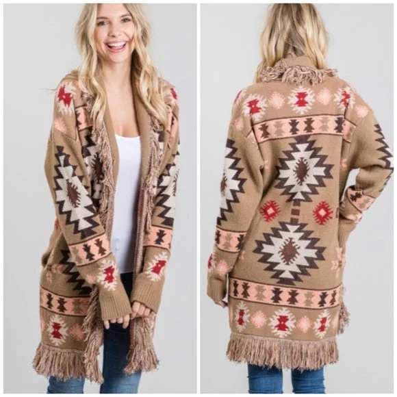 Cardigan for outdoor weddings -Taupe Western Native Tribal Aztec Boho Fringe Knit Open Cardigan Sweater