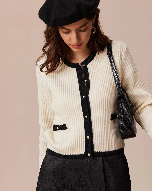 Cardigan with front tie -The Beige Round Neck Contrast Trim Cardigan