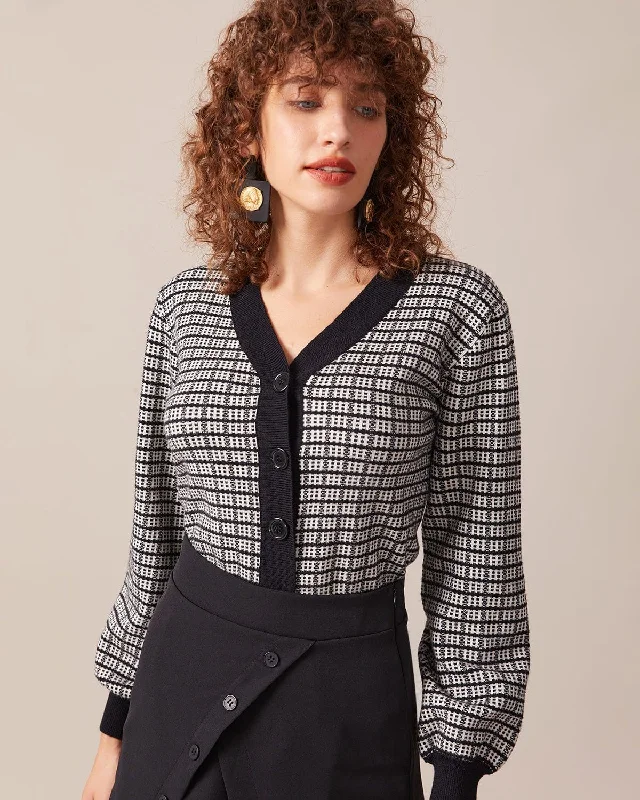 Warm cardigan for fall evenings -The Black Plaid Colorblock Knit Cardigan