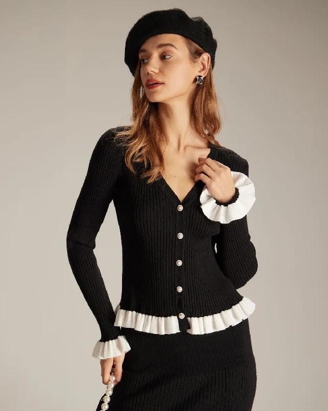 Lightweight cardigan for spring -The Black V Neck Contrast Trim Ruffle Cardigan