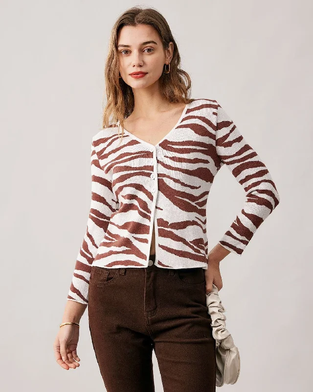 Cardigan with short cuffs -The Coffee V Neck Zebra Knit Cardigan