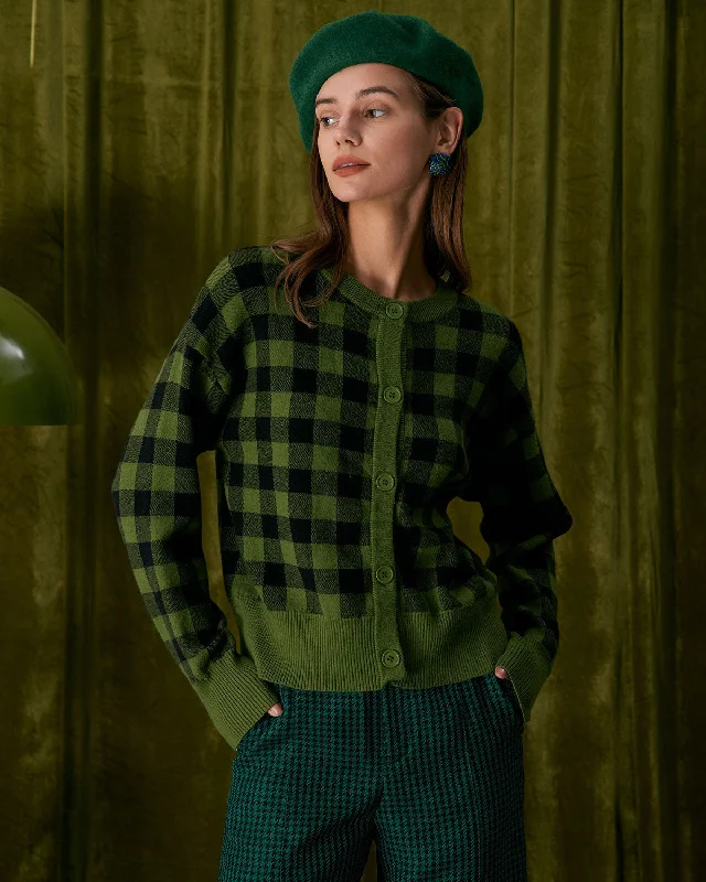 Green cardigan for cozy style -The Green Crew Neck Plaid Button Cardigan