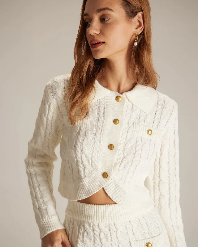 Cardigan with abstract print -The White Lapel Ribbed Button Cable Cardigan