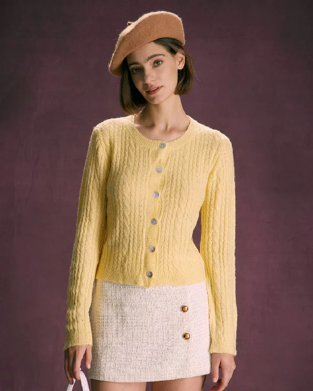 Cardigan with zigzag pattern -The Yellow Round Neck Cable Ribbed Cardigan