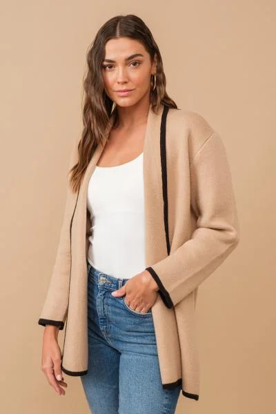 Cardigan with hood and drawstrings -Trim Hem Open Cardigan