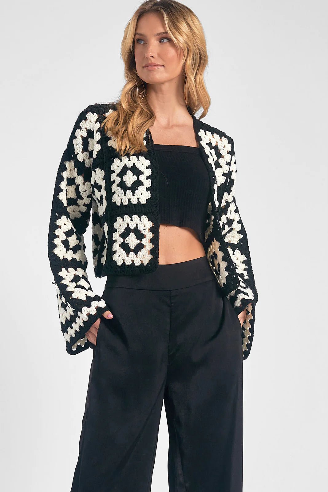 Black cardigan for evening style -Floral Square Crochet Open Knit Cardigan