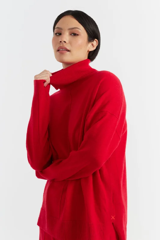 Pullover sweater with soft cuffs -Velvet-Red Wool-Cashmere Relaxed Rollneck Sweater