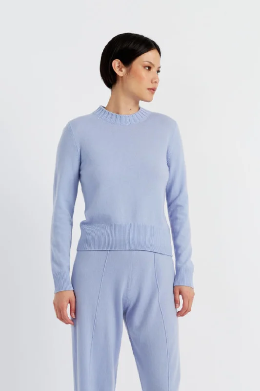 Pullover sweater with wide collar -Washed-Blue Wool-Cashmere Cropped Sweater