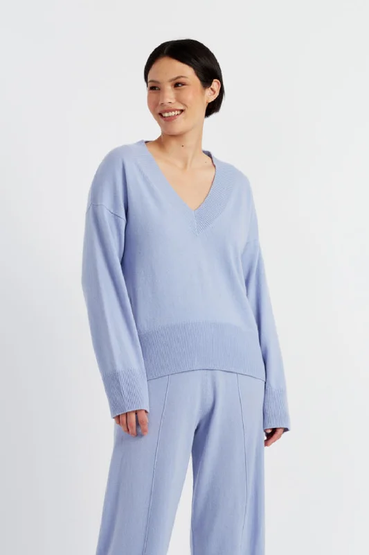 Pullover sweater with front pleats -Washed-Blue Wool-Cashmere V-Neck Sweater