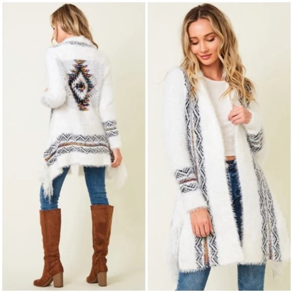 Gray cardigan for cozy wear -White Fuzzy Eyelash Fringe Rainbow Aztec Pattern Open Knit Cardigan Sweater