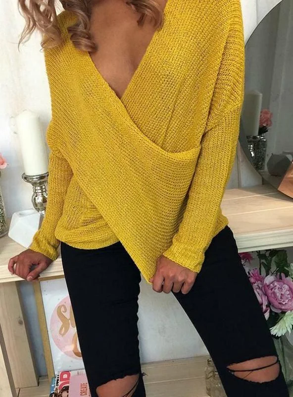 Cozy pullover sweater for fall -TastyHottie - Women Cross Long Sleeve Deep V-neck Long Sleeve Sweater