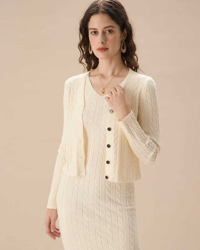 Cardigan with boxy sleeves -Women's Beige Ribbed Knit Single-breasted Cardigan