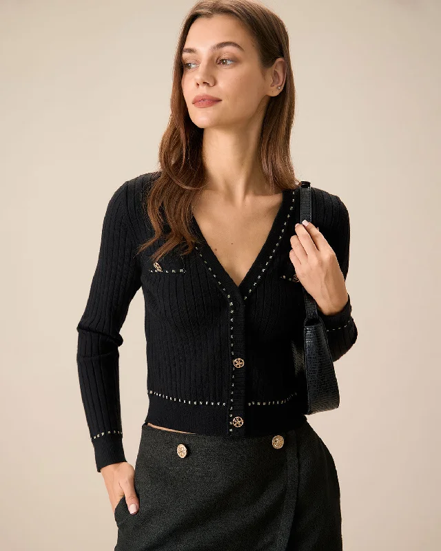 Navy cardigan for office style -Black Contrasting Single-Breasted Cardigan