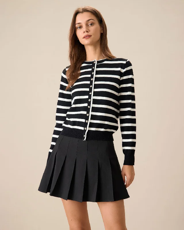 Cardigan with diamond pattern -Women's Black Striped Single-Breasted Cardigan