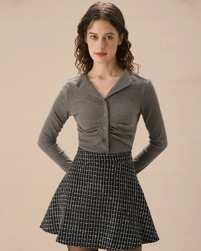 Lightweight cardigan for fall days -Grey Ruched Single-breasted Cardigan