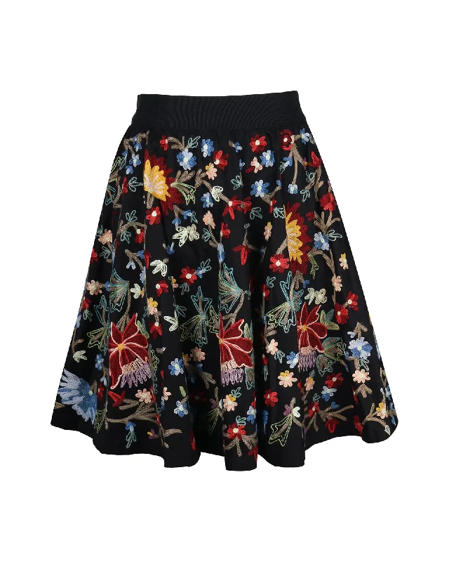 a-line skirts classic fit -Alice + Olivia Floral Embroidered Skirt in Black Cotton